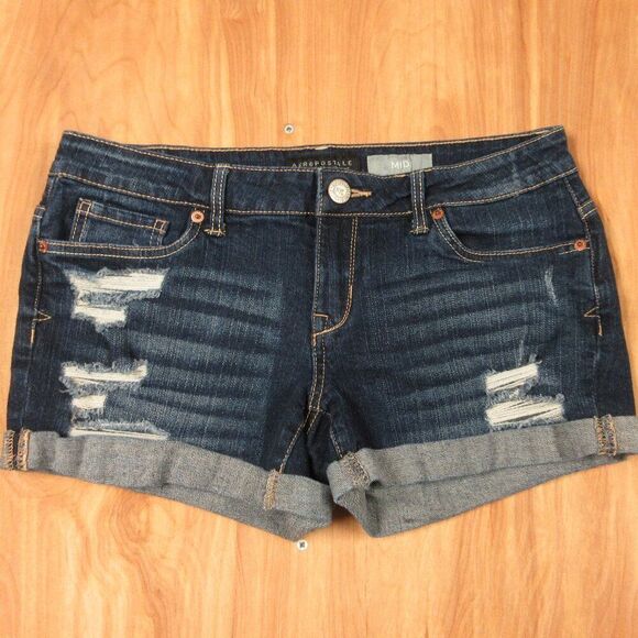 AEROPOSTALE Midi Cuffed Distressed Jean Shorts Sz 4 Ripped Blue Denim Hot Pants - Picture 1 of 13